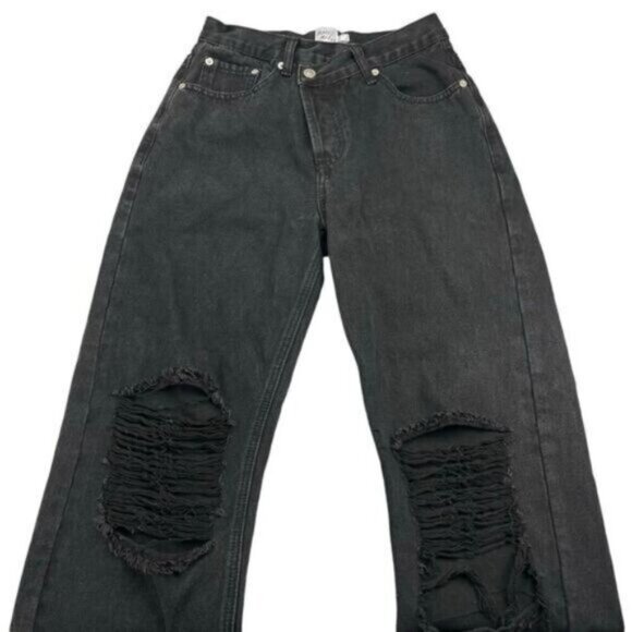 Princess Polly Holly Asymmetric Ripped Leg Black Denim Womens Size 0 - Picture 3 of 9